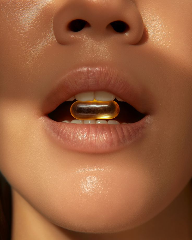 A close-up wellness portrait with an unbranded capsule