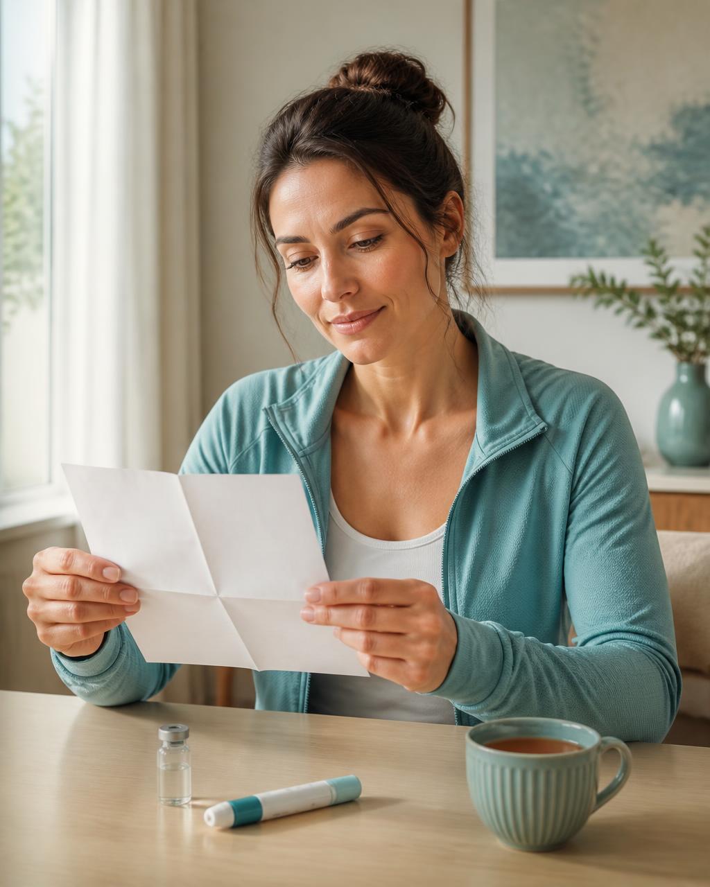 A patient reading her dosing instructions at home