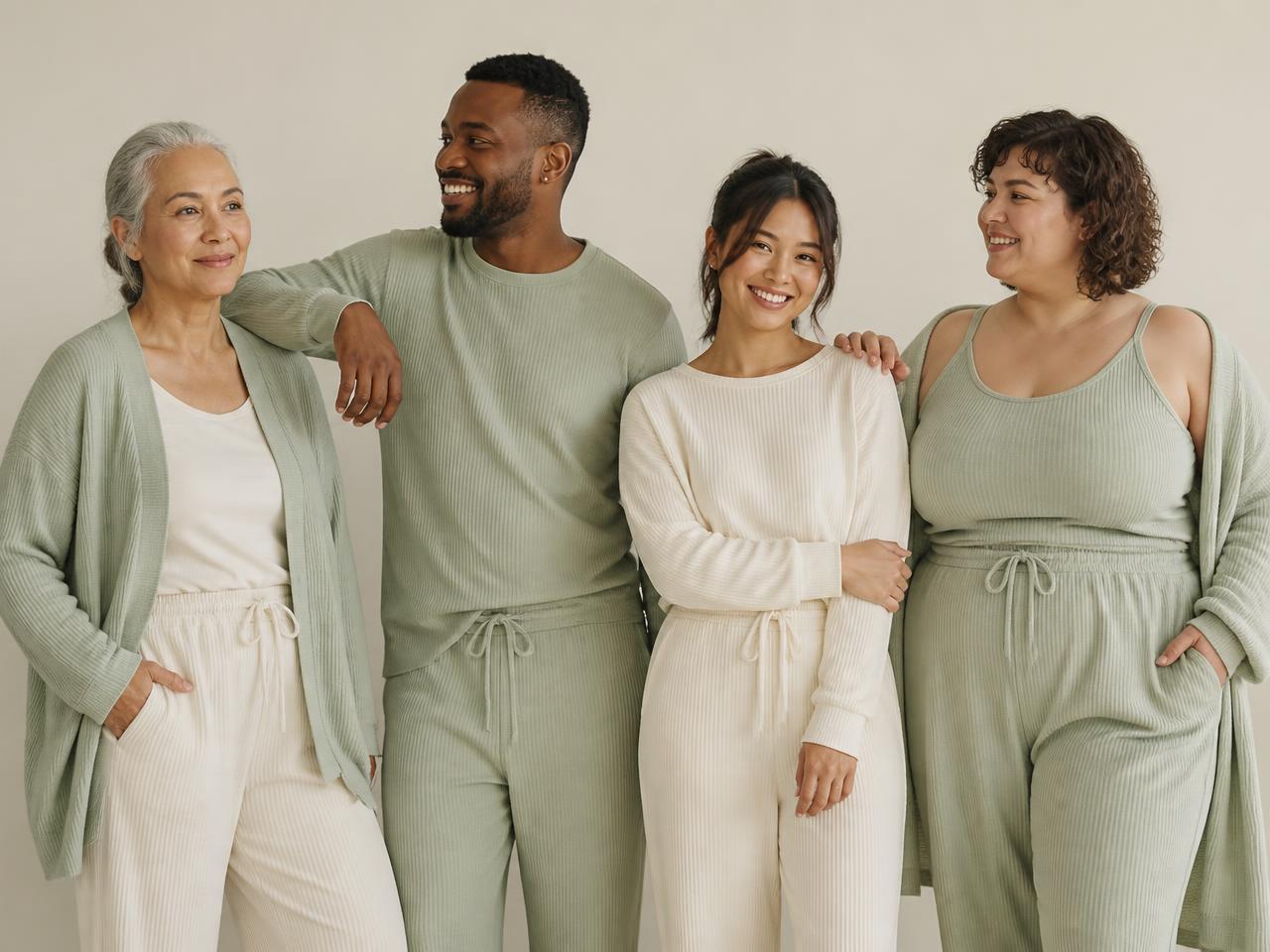 Four adults of different ages and body types standing together in soft daylight