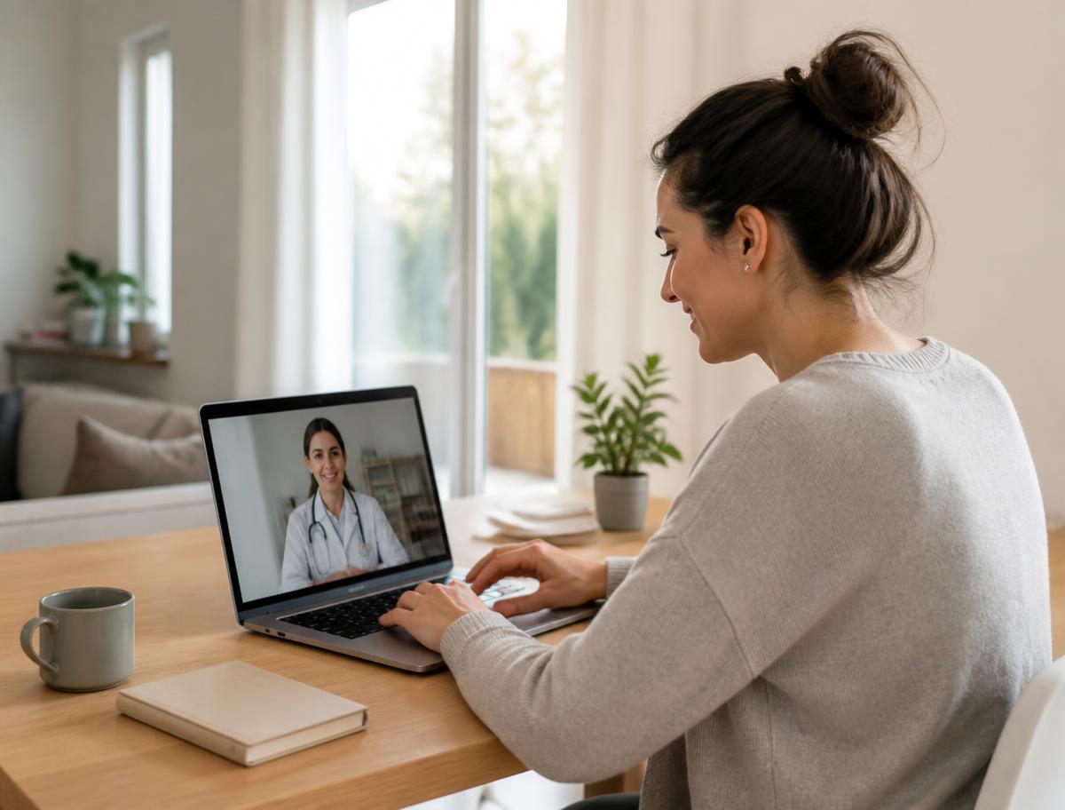 A patient meeting her licensed clinician on a laptop from home
